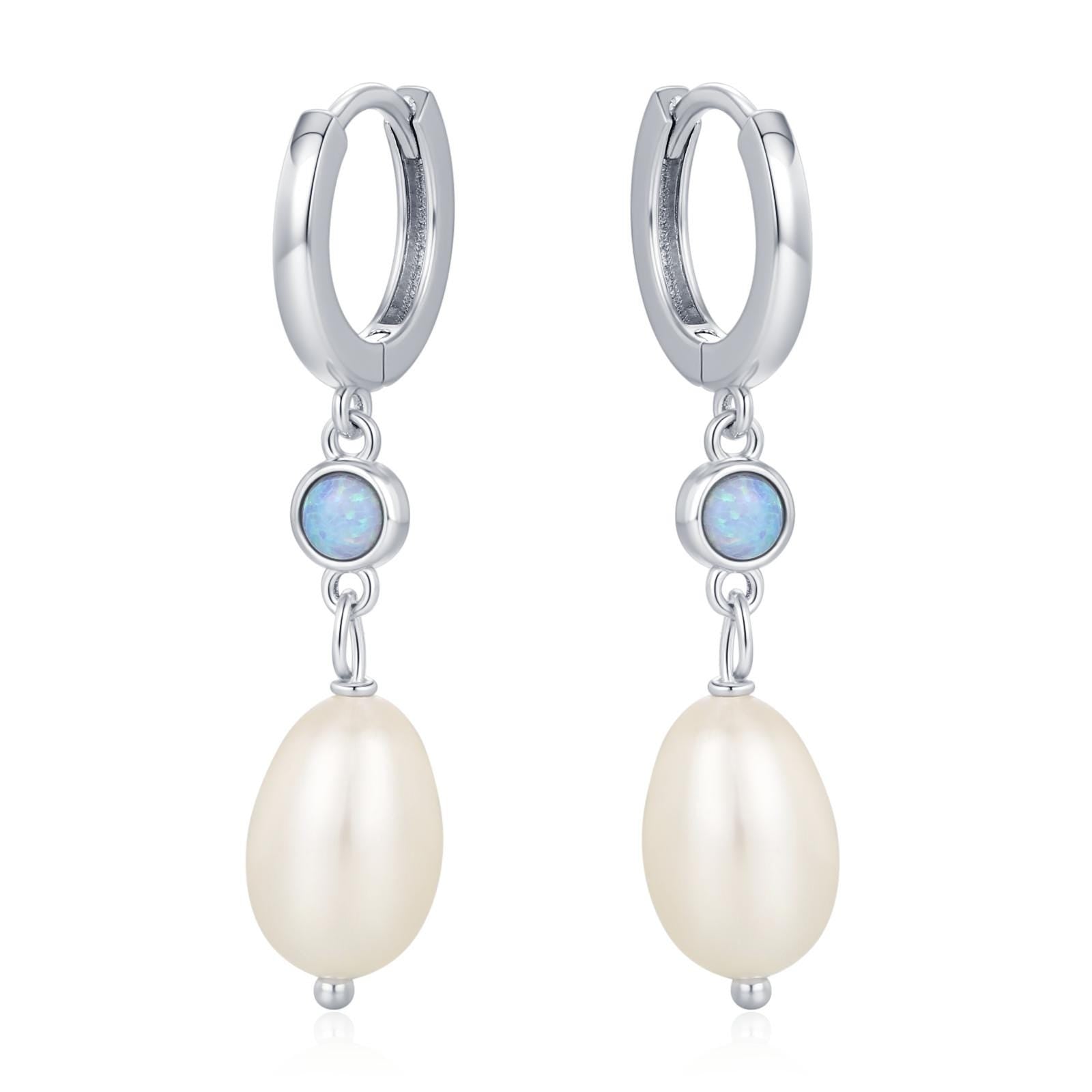 Genuine Freshwater Pearl and Blue Opal Huggie Hoop Earrings in Sterling Silver, Delicate Keshi Pearl and Opal Earrings, Genuine Pearls