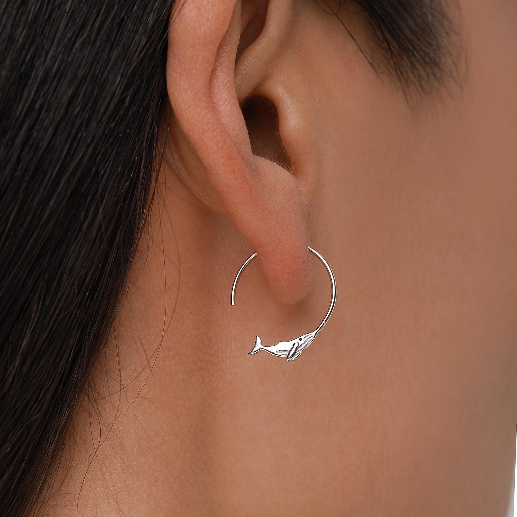 Whale Open Hoop Earrings in Sterling Silver, Silver or Gold, Minimalist Whale Earrings, Simple Whale Earrings