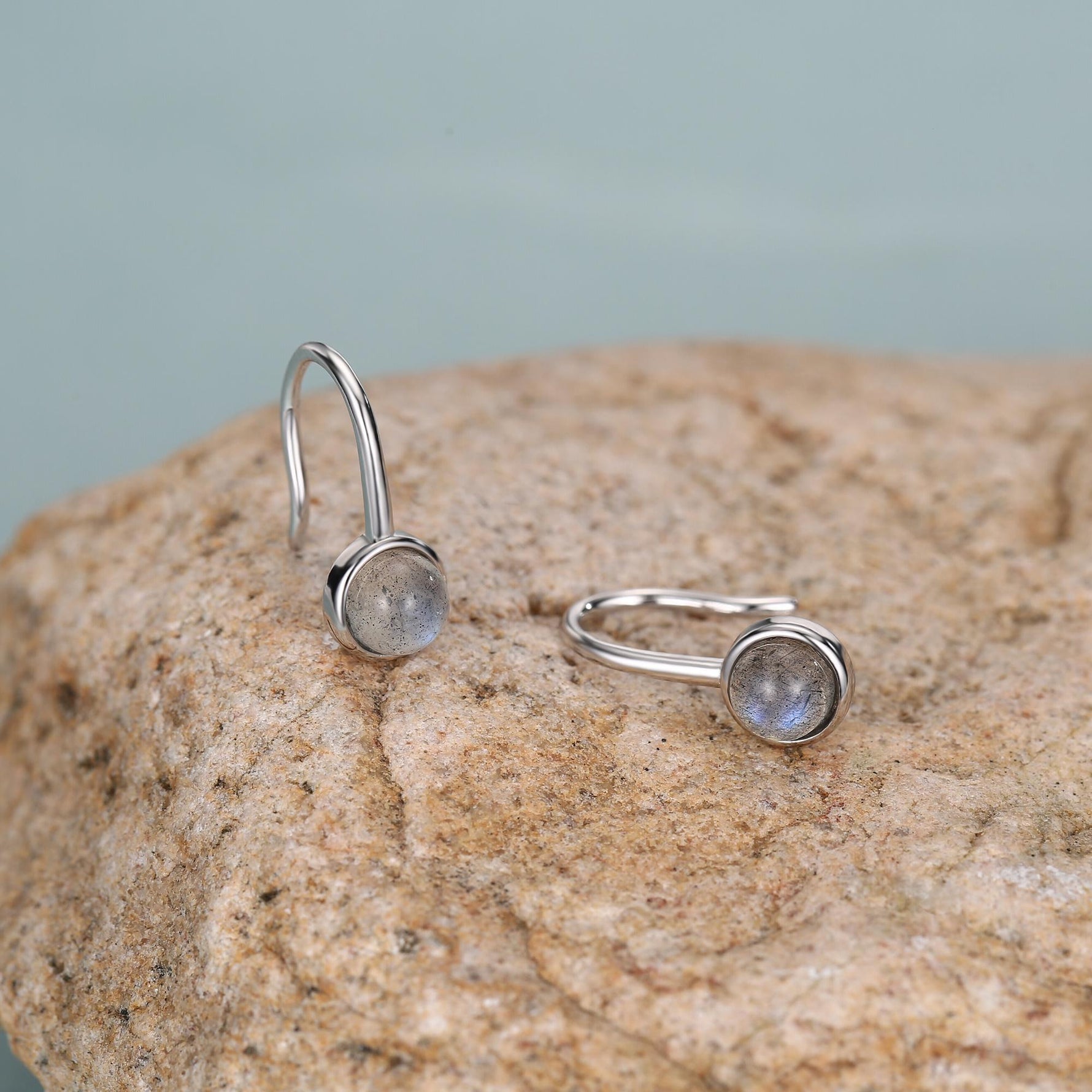 Genuine Labradorite Drop Earrings in Sterling Silver, Natural Labradorite Round Hook Earrings, Delicate Labradorite Earrings