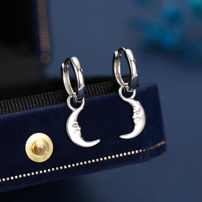 Sterling Silver Moon Face Hoop Earrings, Detachable Charm Dangle Hoop Earrings, Silver or Gold, Interchangeable Charms