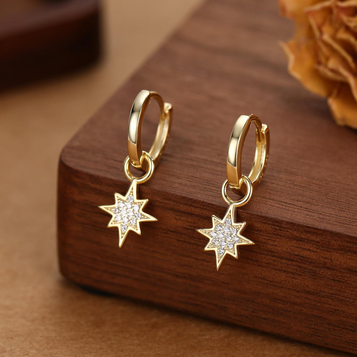 Starburst Charm Huggie Hoop Earrings in Sterling Silver with Detachable Star Burst Charms, North Star Celestial Geometric Design