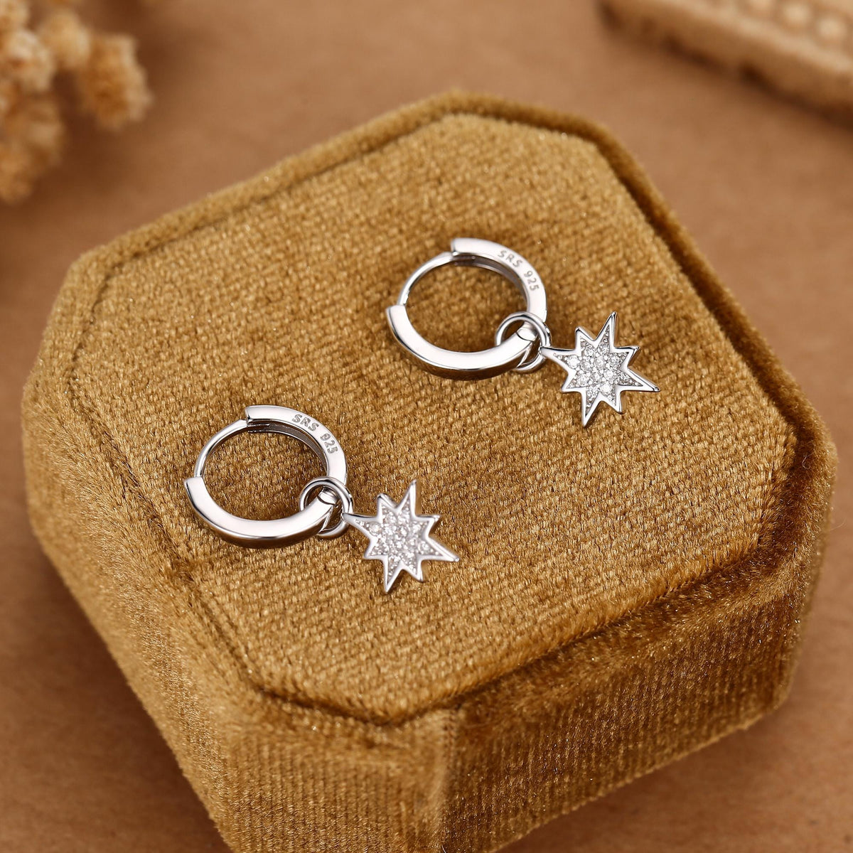 Starburst Charm Huggie Hoop Earrings in Sterling Silver with Detachable Star Burst Charms, North Star Celestial Geometric Design