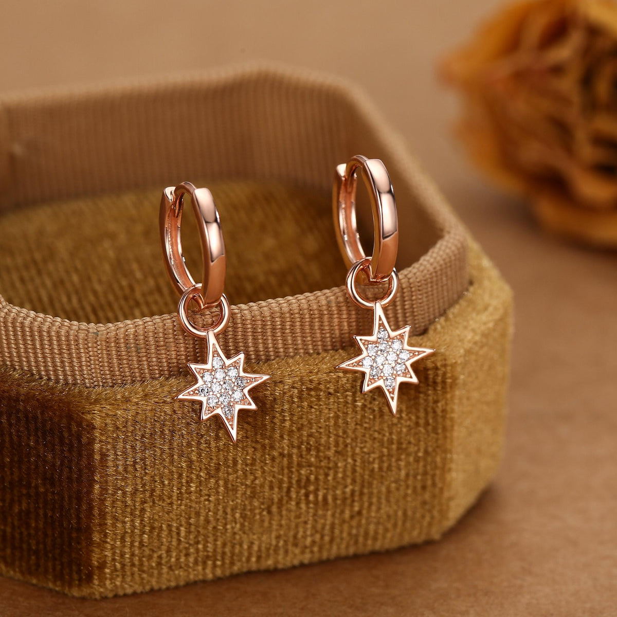 Starburst Charm Huggie Hoop Earrings in Sterling Silver with Detachable Star Burst Charms, North Star Celestial Geometric Design