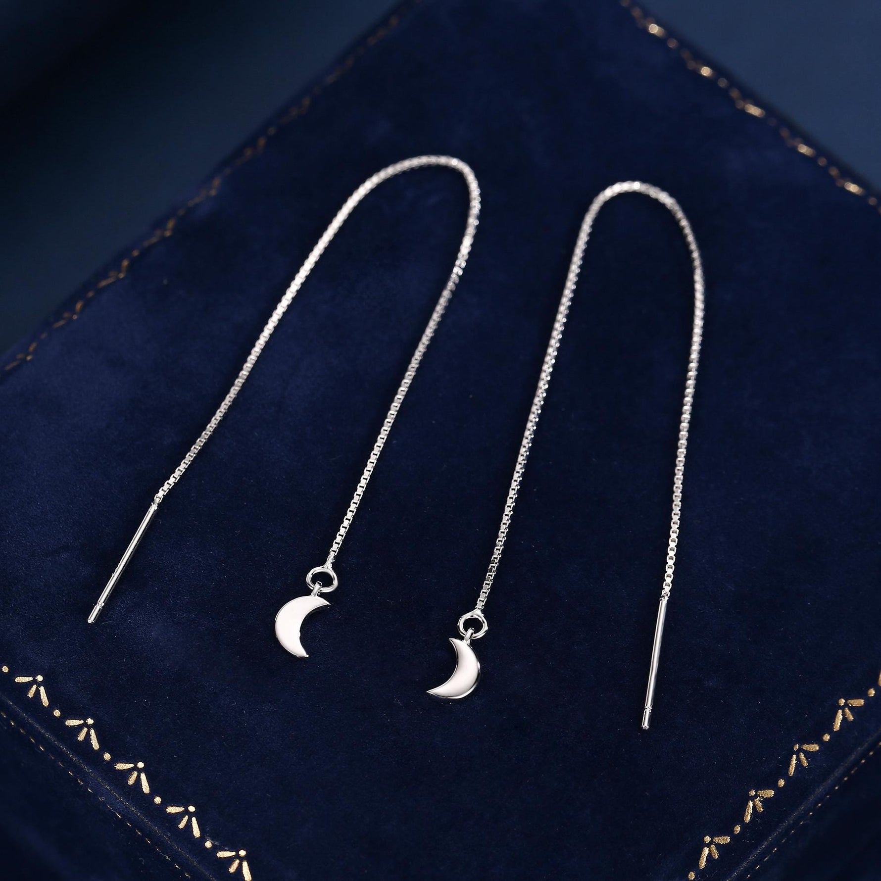 Crescent Moon Threader Earrings in Sterling Silver, Silver or Gold, Moon Ear Threaders, 10cm long threaders, Double Piecing Threaders