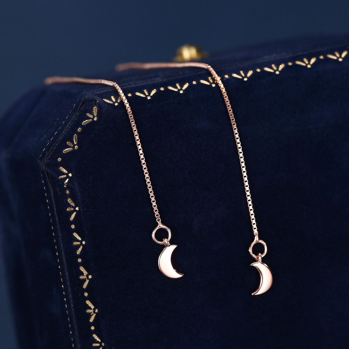 Crescent Moon Threader Earrings in Sterling Silver, Silver or Gold, Moon Ear Threaders, 10cm long threaders, Double Piecing Threaders