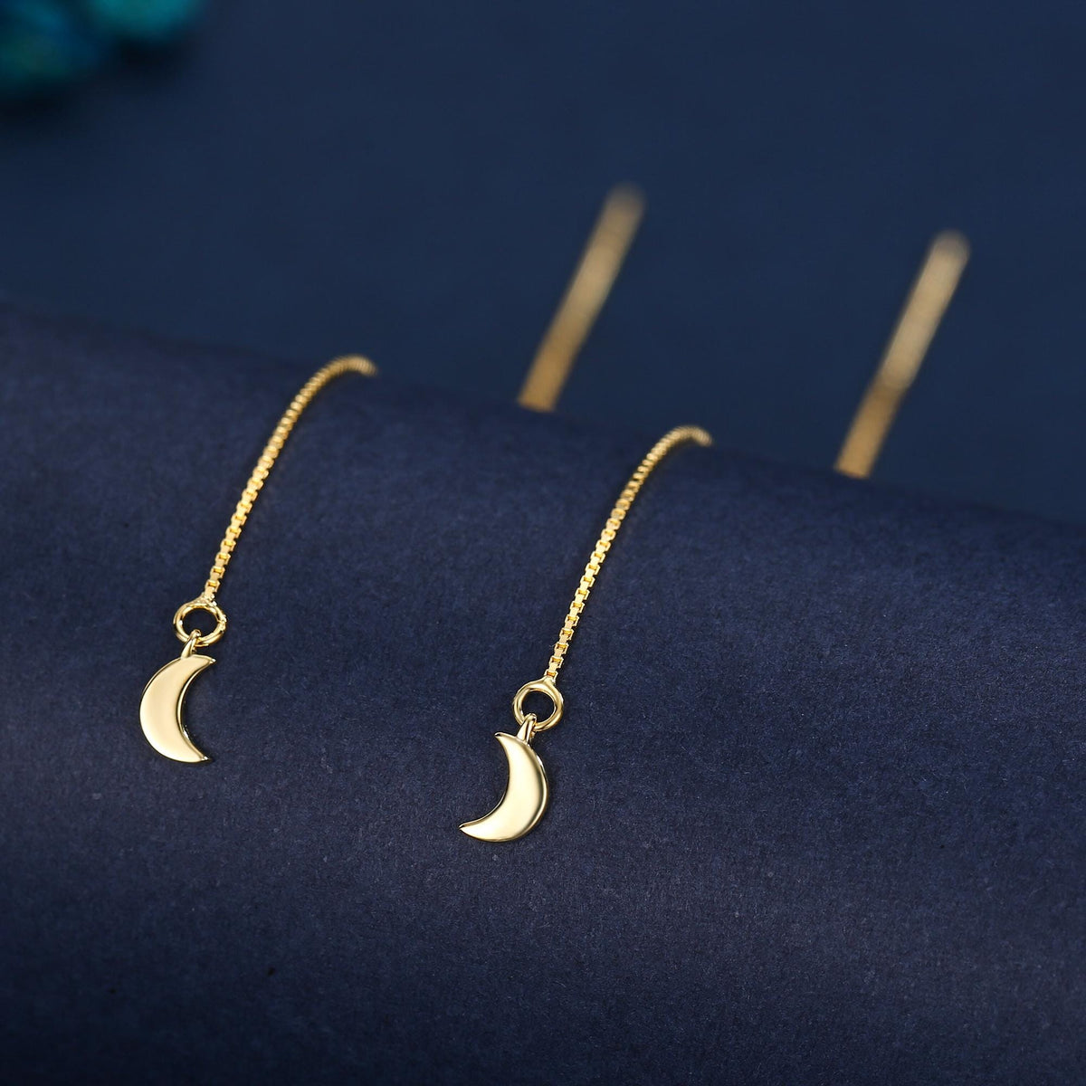 Crescent Moon Threader Earrings in Sterling Silver, Silver or Gold, Moon Ear Threaders, 10cm long threaders, Double Piecing Threaders