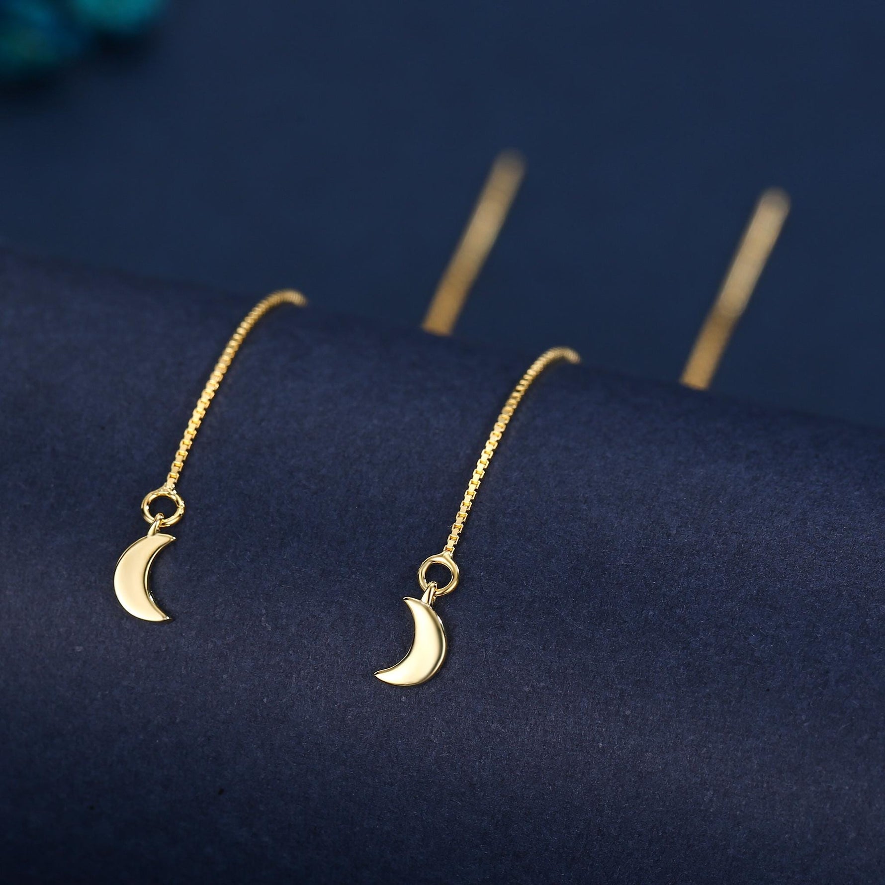 Crescent Moon Threader Earrings in Sterling Silver, Silver or Gold, Moon Ear Threaders, 10cm long threaders, Double Piecing Threaders