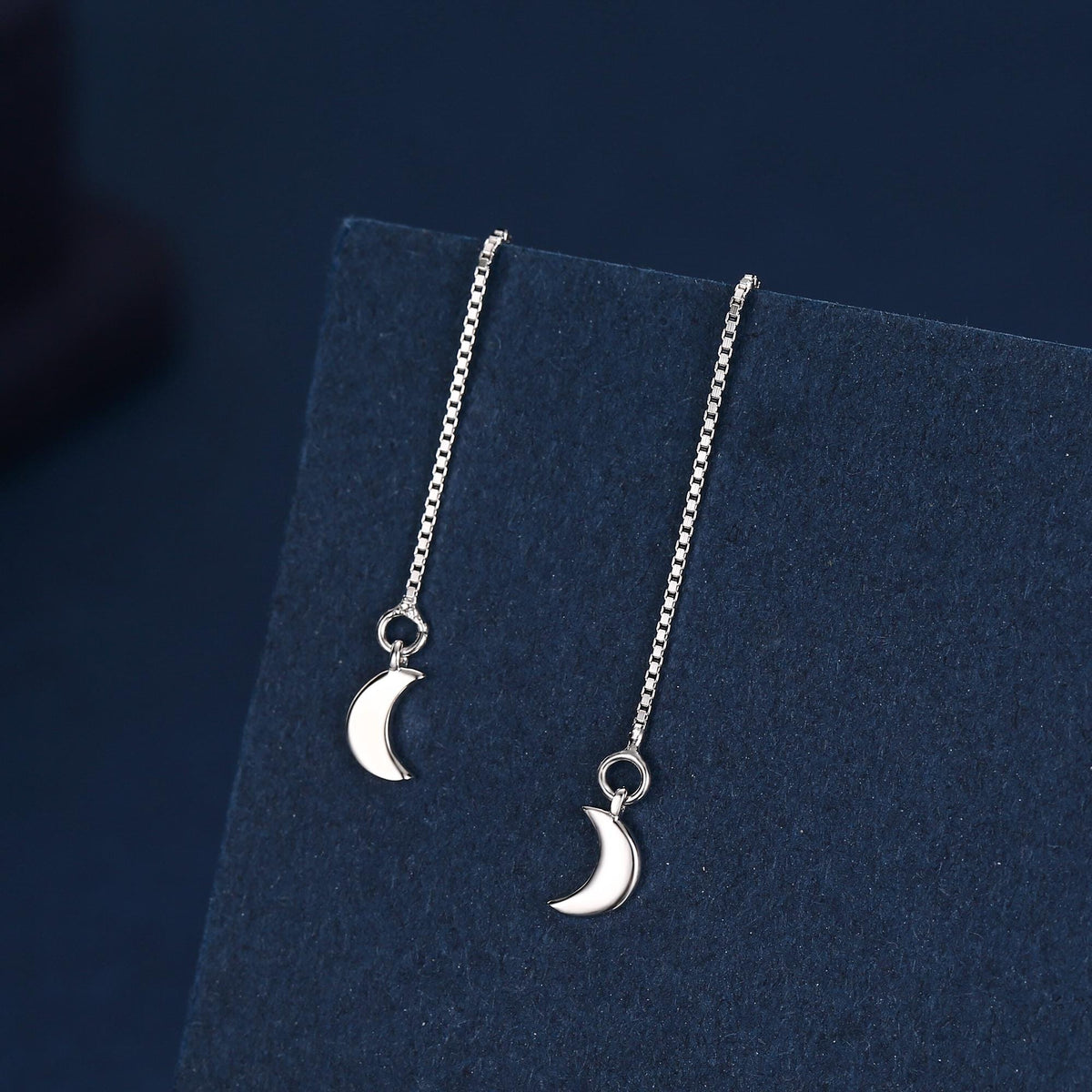 Crescent Moon Threader Earrings in Sterling Silver, Silver or Gold, Moon Ear Threaders, 10cm long threaders, Double Piecing Threaders