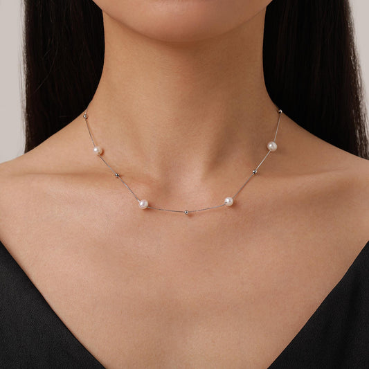 Genuine Pearl Choker Necklace in Sterling Silver, Silver or Gold , Genuine Freshwater Pearls, Natural Keshi Pearl, Satellite Beaded