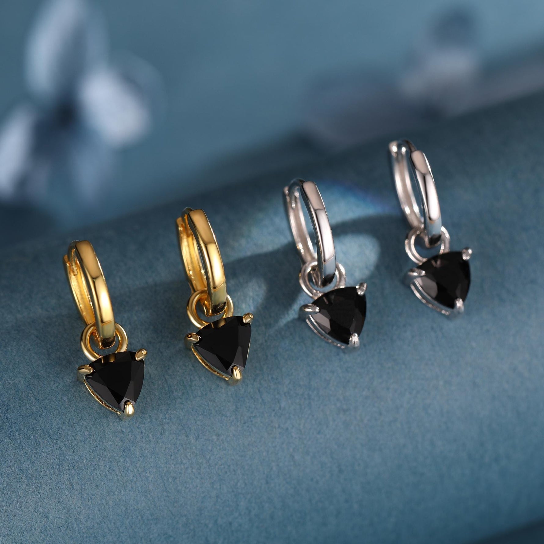 Sterling Silver Black Trillion Cut CZ Hoop Earrings, Silver or Gold, Triangle Dangle Hoop Earrings, Interchangeable Charm