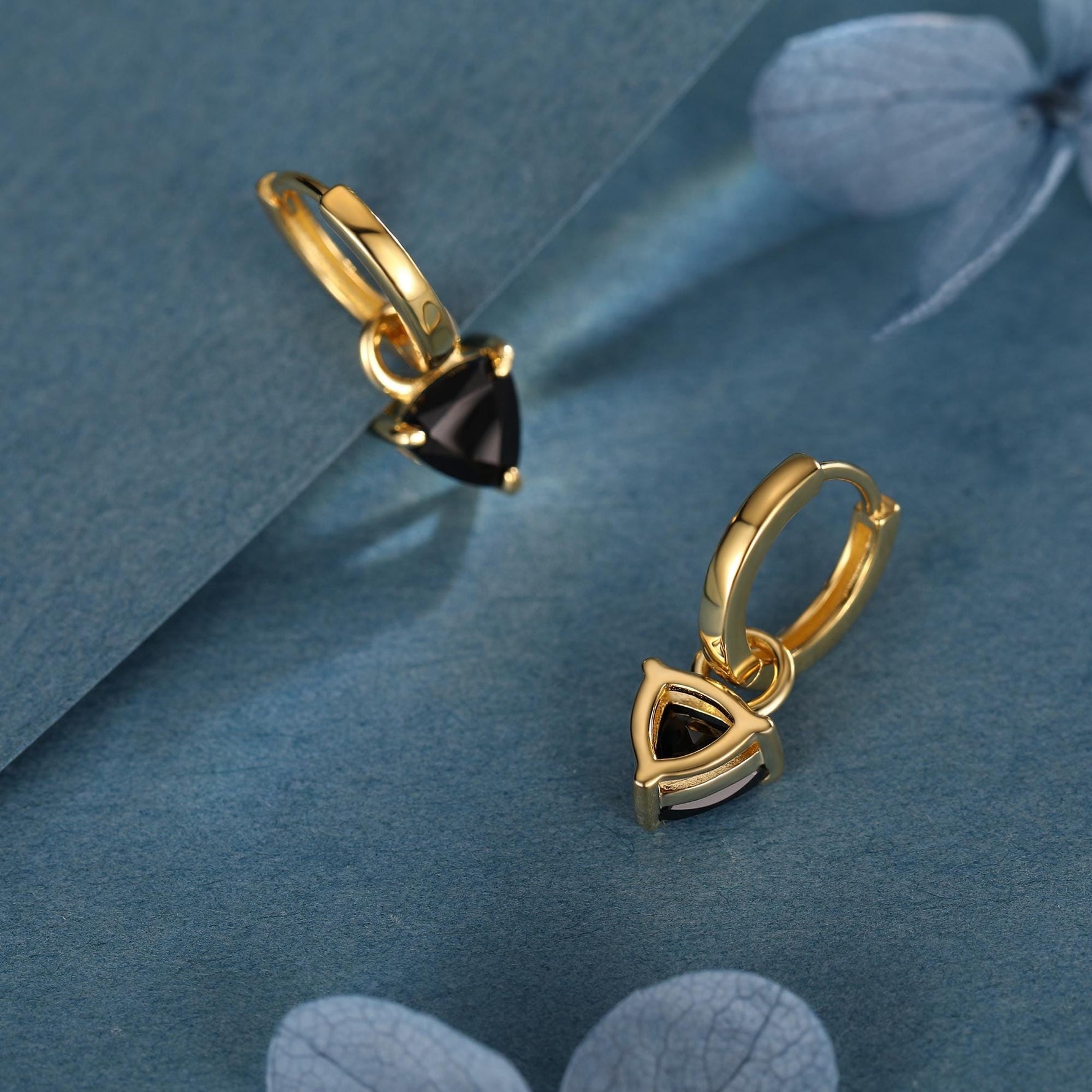 Sterling Silver Black Trillion Cut CZ Hoop Earrings, Silver or Gold, Triangle Dangle Hoop Earrings, Interchangeable Charm