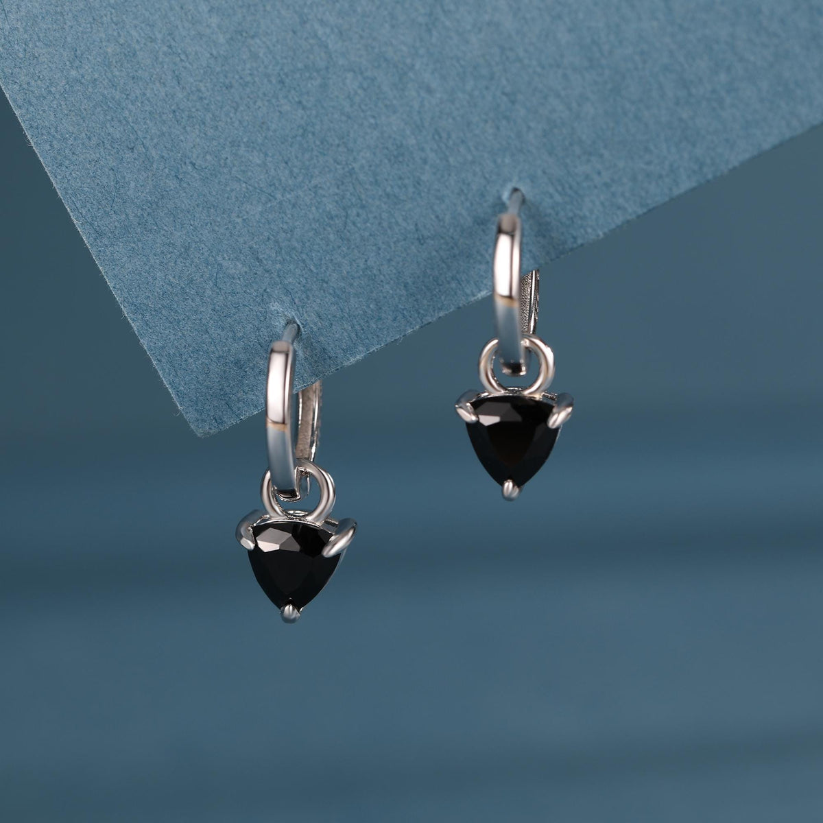 Sterling Silver Black Trillion Cut CZ Hoop Earrings, Silver or Gold, Triangle Dangle Hoop Earrings, Interchangeable Charm