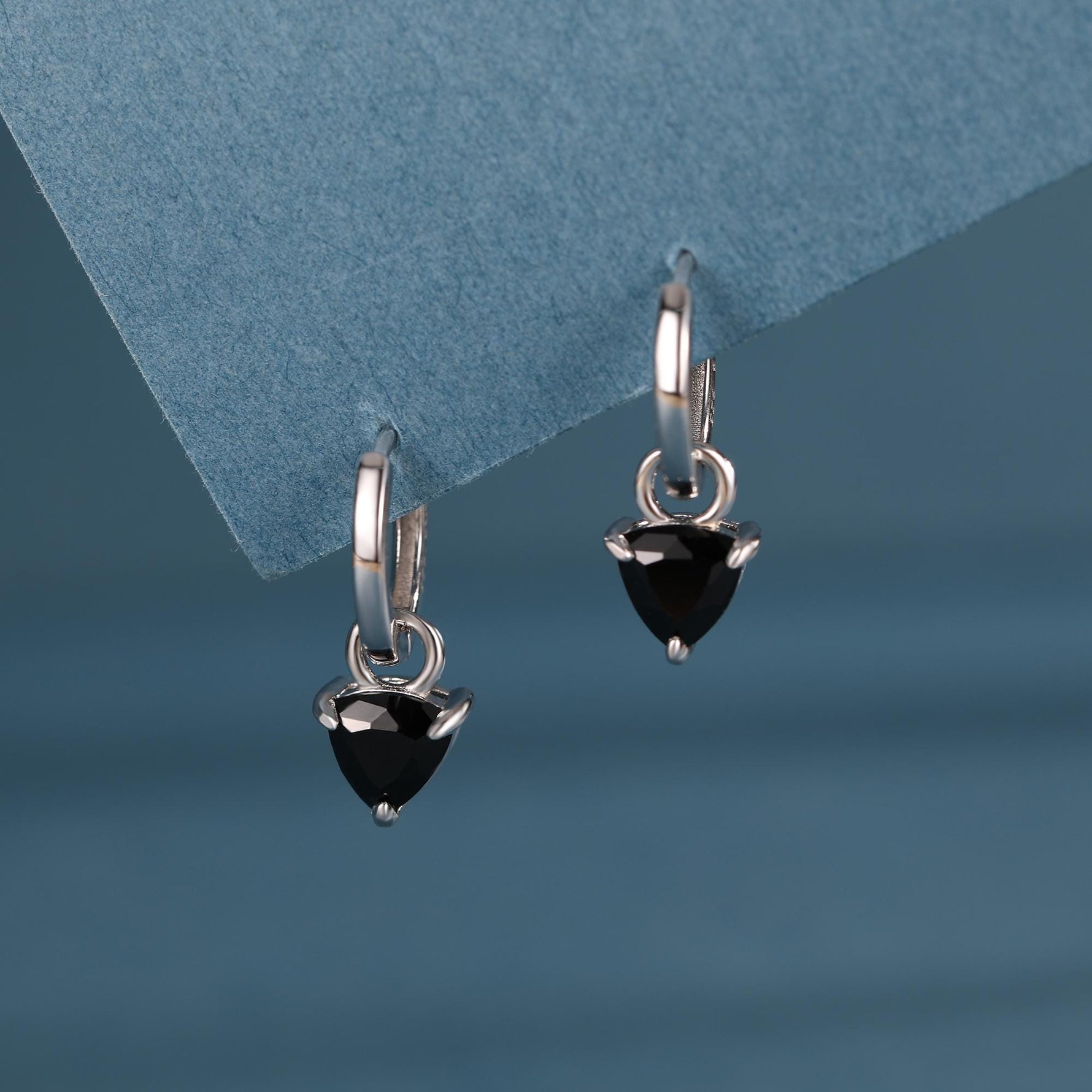 Sterling Silver Black Trillion Cut CZ Hoop Earrings, Silver or Gold, Triangle Dangle Hoop Earrings, Interchangeable Charm