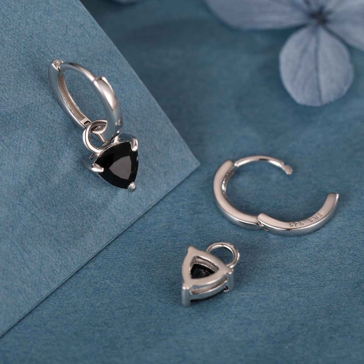 Sterling Silver Trillion Cut Black CZ Charms for Huggie Hoops Earrings