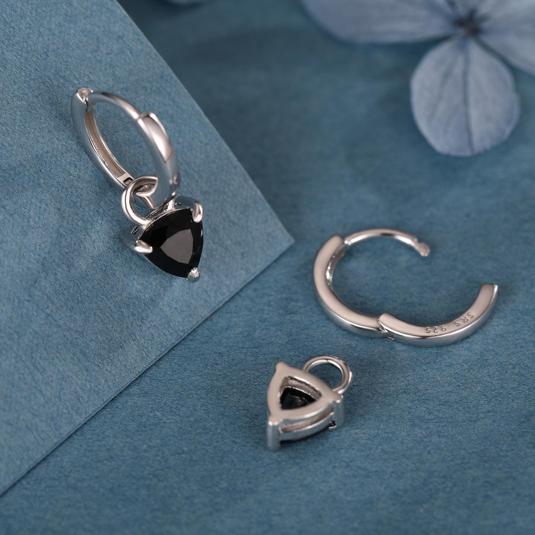 Sterling Silver Trillion Cut Black CZ Charms for Huggie Hoops Earrings