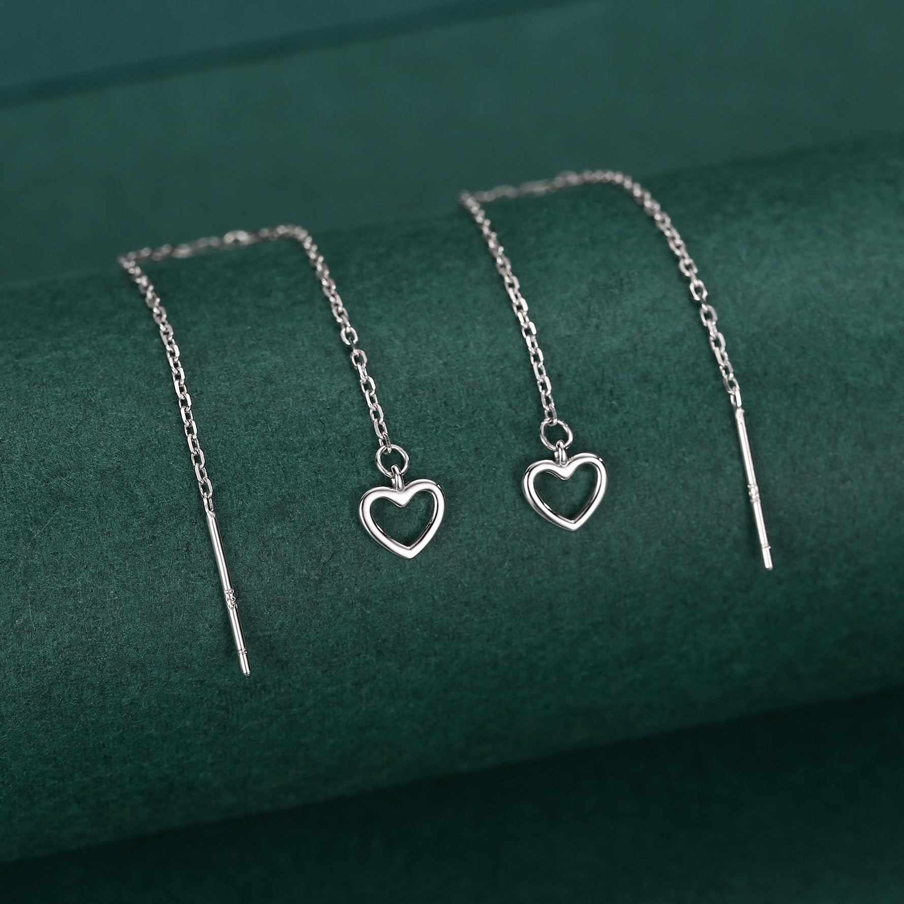 Tiny Open Heart Threader Earrings in Sterling Silver, 9cm, Silver, Gold or Rose Gold, Dainty Heart Ear Threaders, Single or Double Piercing