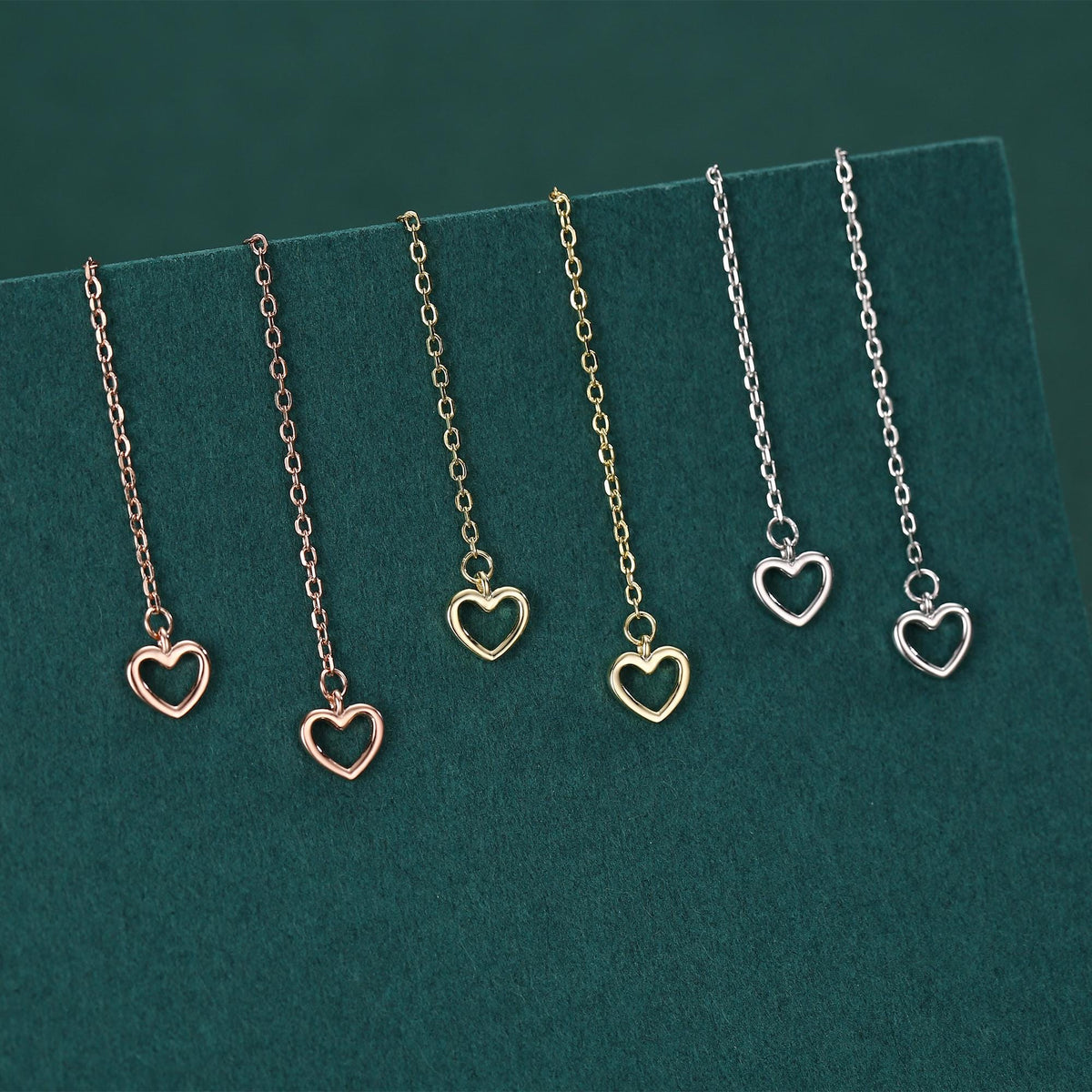 Tiny Open Heart Threader Earrings in Sterling Silver, 9cm, Silver, Gold or Rose Gold, Dainty Heart Ear Threaders, Single or Double Piercing
