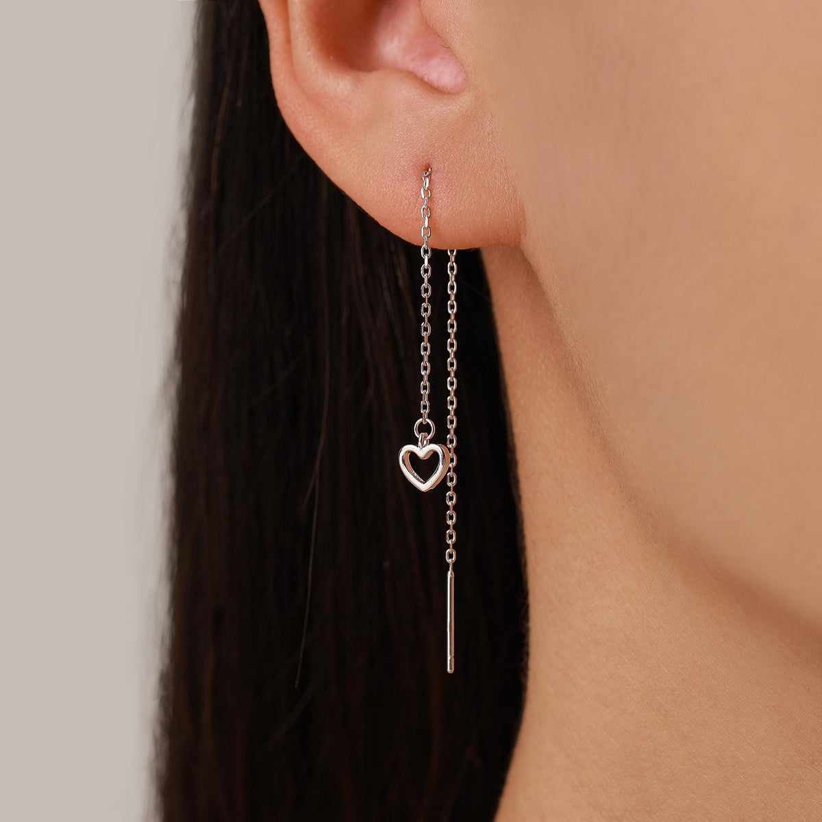 Tiny Open Heart Threader Earrings in Sterling Silver, 9cm, Silver, Gold or Rose Gold, Dainty Heart Ear Threaders, Single or Double Piercing