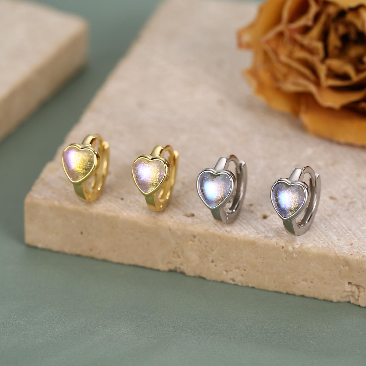 Moonstone Heart Huggie Hoop Earrings in Sterling Silver, Silver or Gold, Simulated Moonstone Heart Hoops, Heart Hoops
