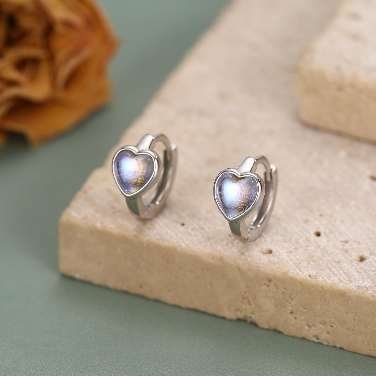 Moonstone Heart Huggie Hoop Earrings in Sterling Silver, Silver or Gold, Simulated Moonstone Heart Hoops, Heart Hoops