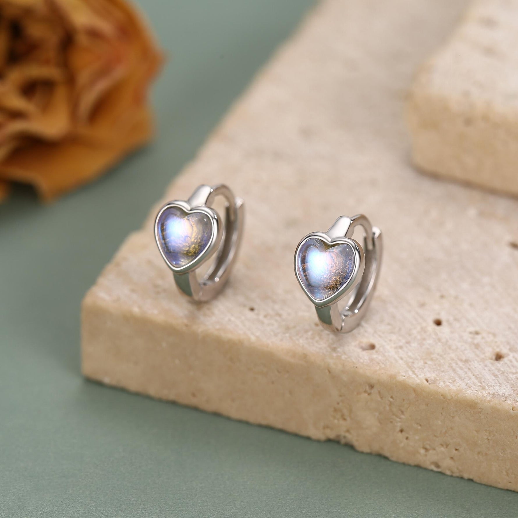 Moonstone Heart Huggie Hoop Earrings in Sterling Silver, Silver or Gold, Simulated Moonstone Heart Hoops, Heart Hoops