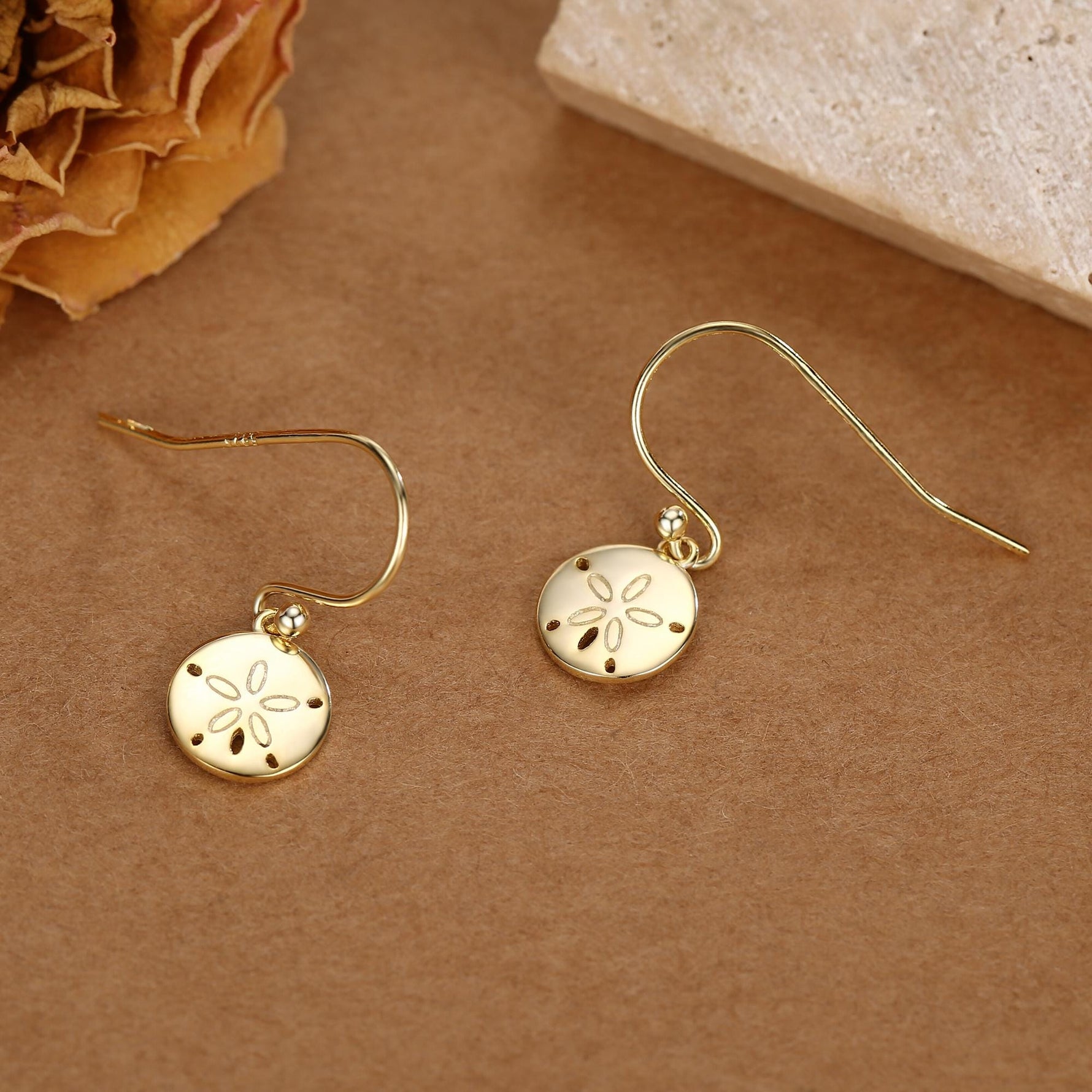 Sand Dollar Drop Hook Earrings in Sterling Silver, Silver or Gold, Ocean Earrings, Shell Earrings, Sea Shell Earrings, Sand Dollar Earrings