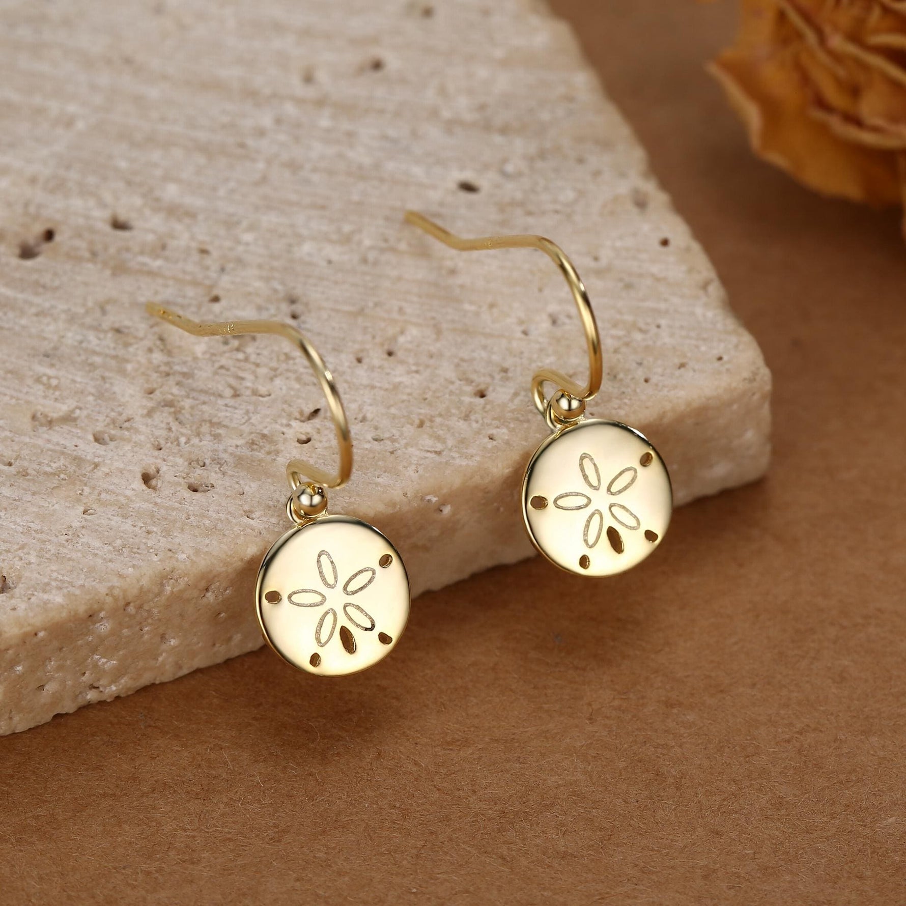 Sand Dollar Drop Hook Earrings in Sterling Silver, Silver or Gold, Ocean Earrings, Shell Earrings, Sea Shell Earrings, Sand Dollar Earrings