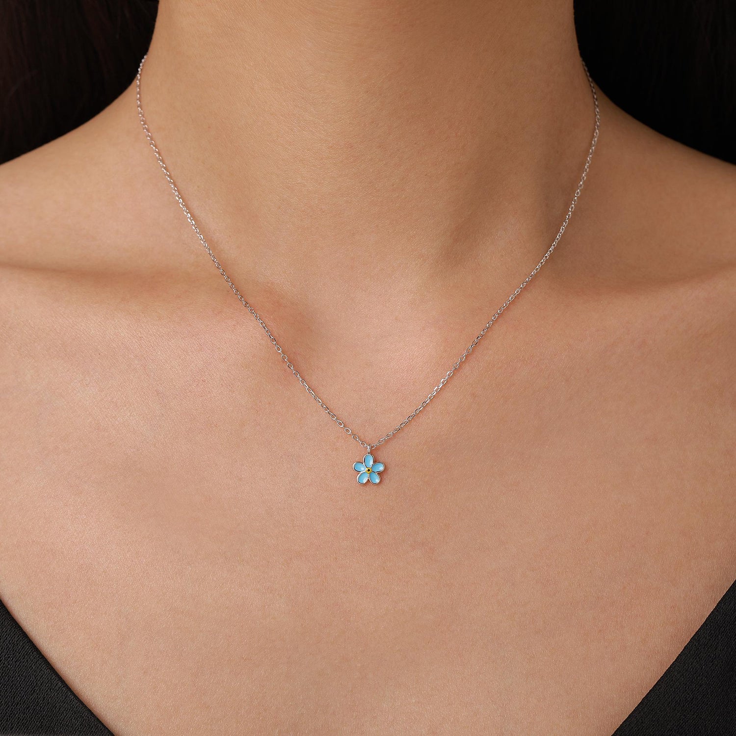 Sterling Silver Tiny Little Forget-me-not Flower Pendant Necklace, Flower Necklace, Forget-me-not Necklace, Forget me not Pendant Necklace