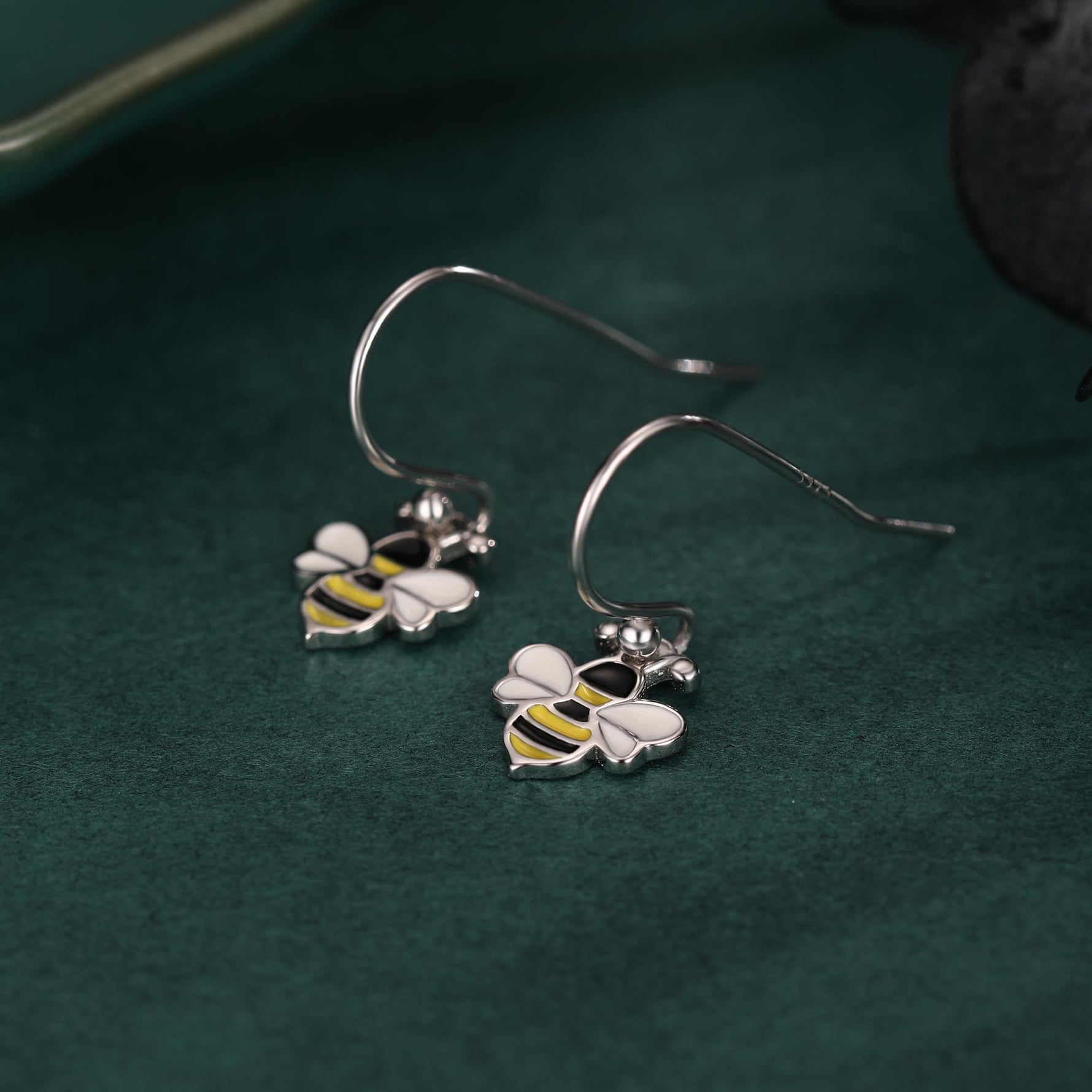 Enamel Bumble Bee Drop Earrings in Sterling Silver, Earrings, Tiny Bee Earrings, Tiny Bee Hook Earrings, Silver Bee Earrings