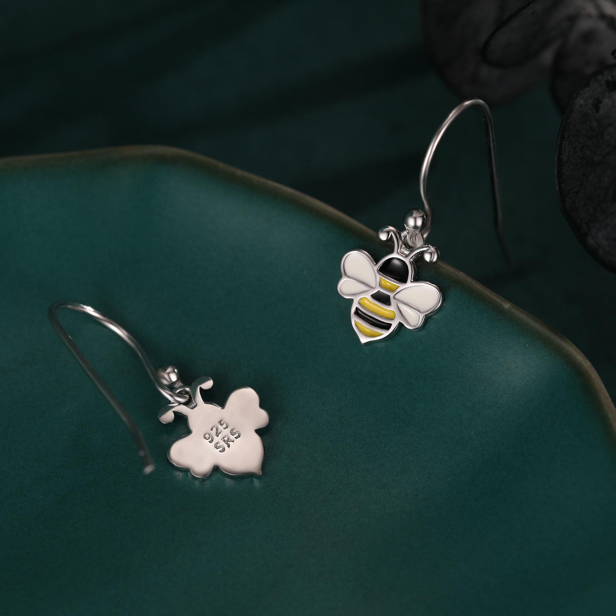 Enamel Bumble Bee Drop Earrings in Sterling Silver, Earrings, Tiny Bee Earrings, Tiny Bee Hook Earrings, Silver Bee Earrings