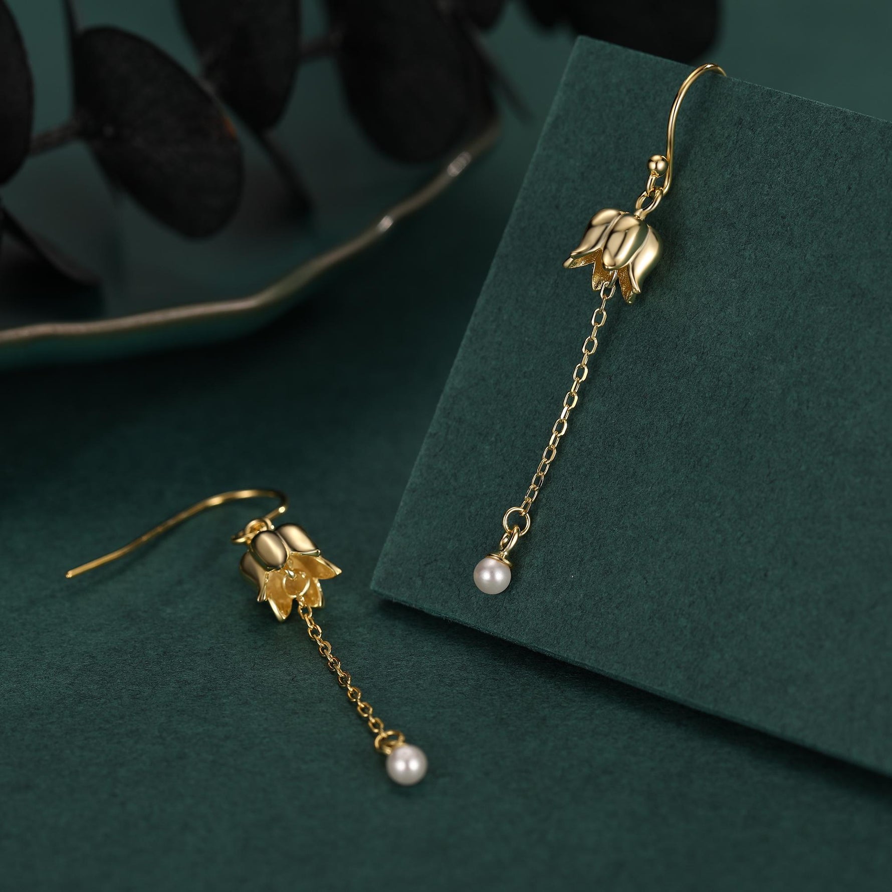 Lily of the valley with Dangle Pearl Dangle Earrings in Sterling Silver, Lily of the Valley Flower Dangle Earrings - Long Chain