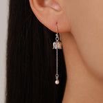 Lily of the valley with Dangle Pearl Dangle Earrings in Sterling Silver, Lily of the Valley Flower Dangle Earrings - Long Chain