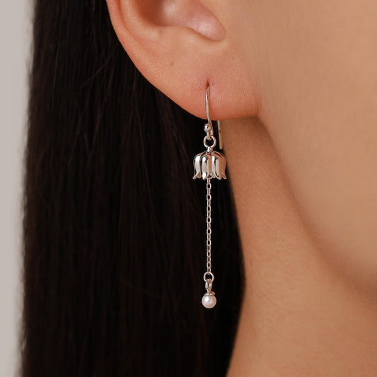 Lily of the valley with Dangle Pearl Dangle Earrings in Sterling Silver, Lily of the Valley Flower Dangle Earrings - Long Chain