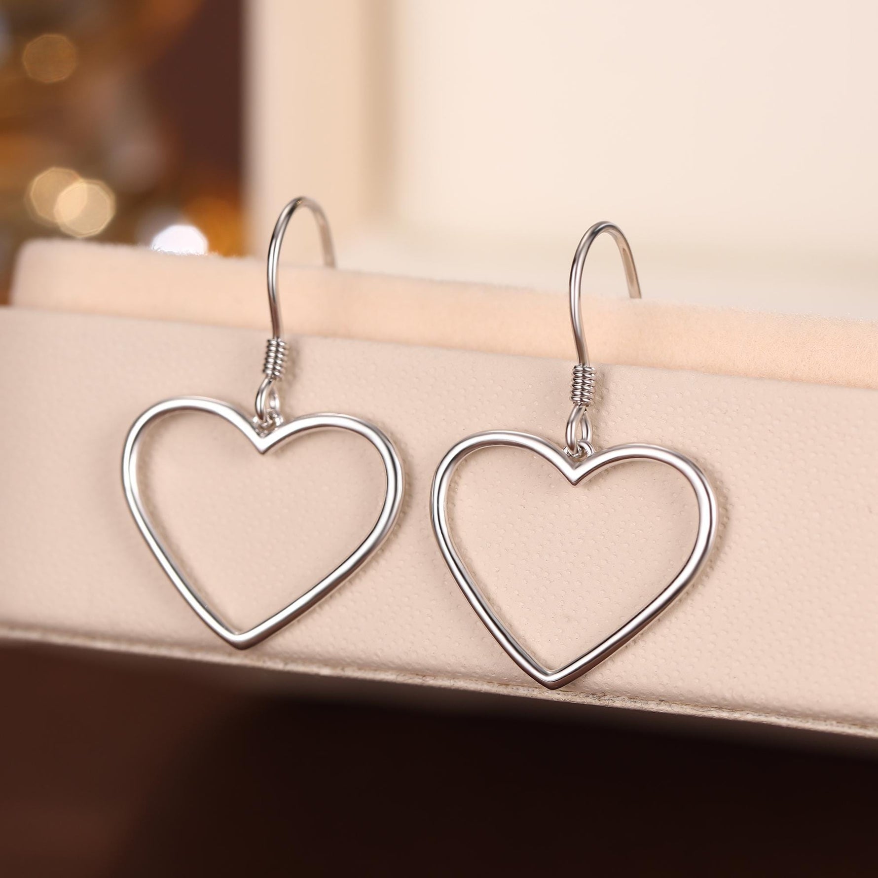 Heart Dangle Drop Hook Earrings in Sterling Silver