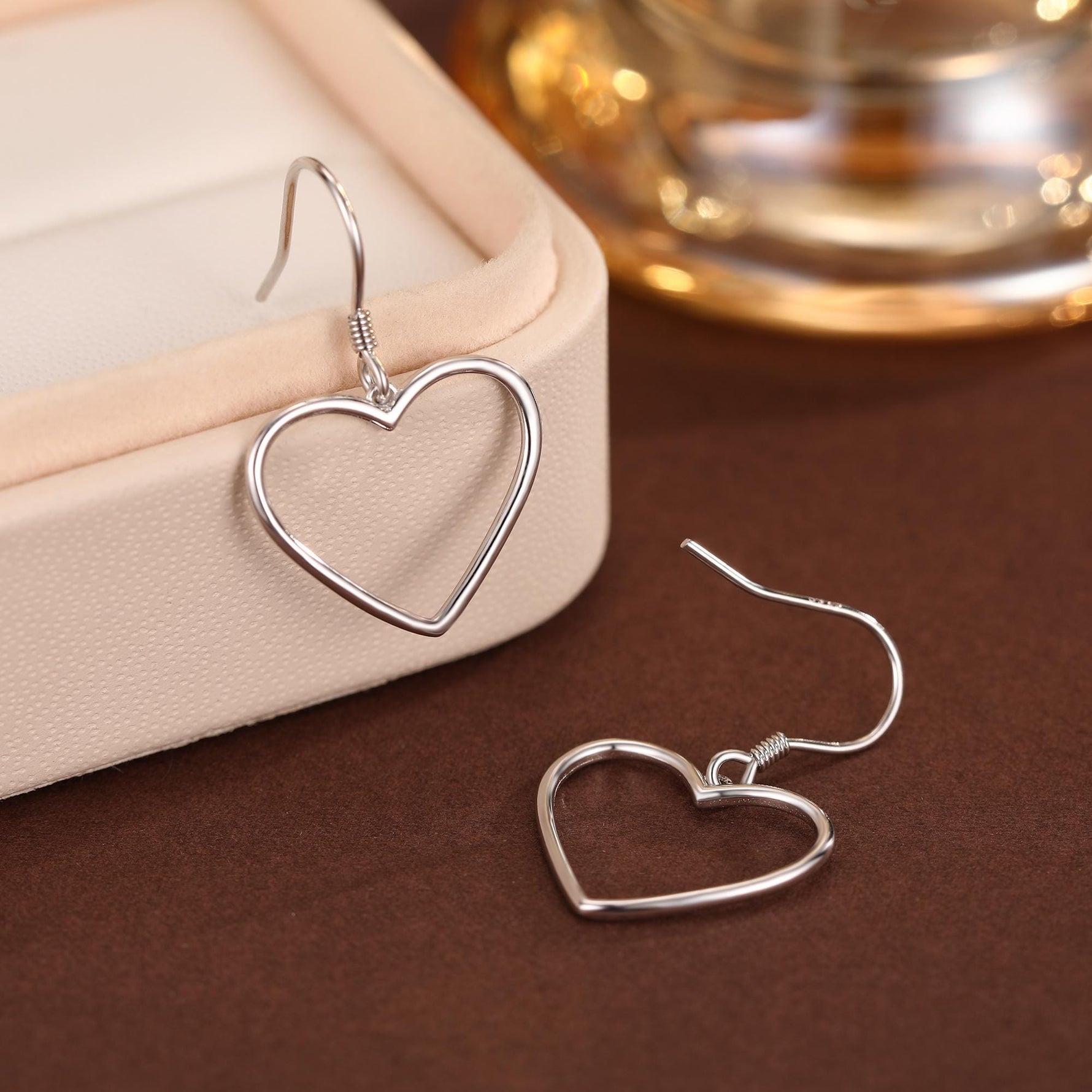 Heart Dangle Drop Hook Earrings in Sterling Silver