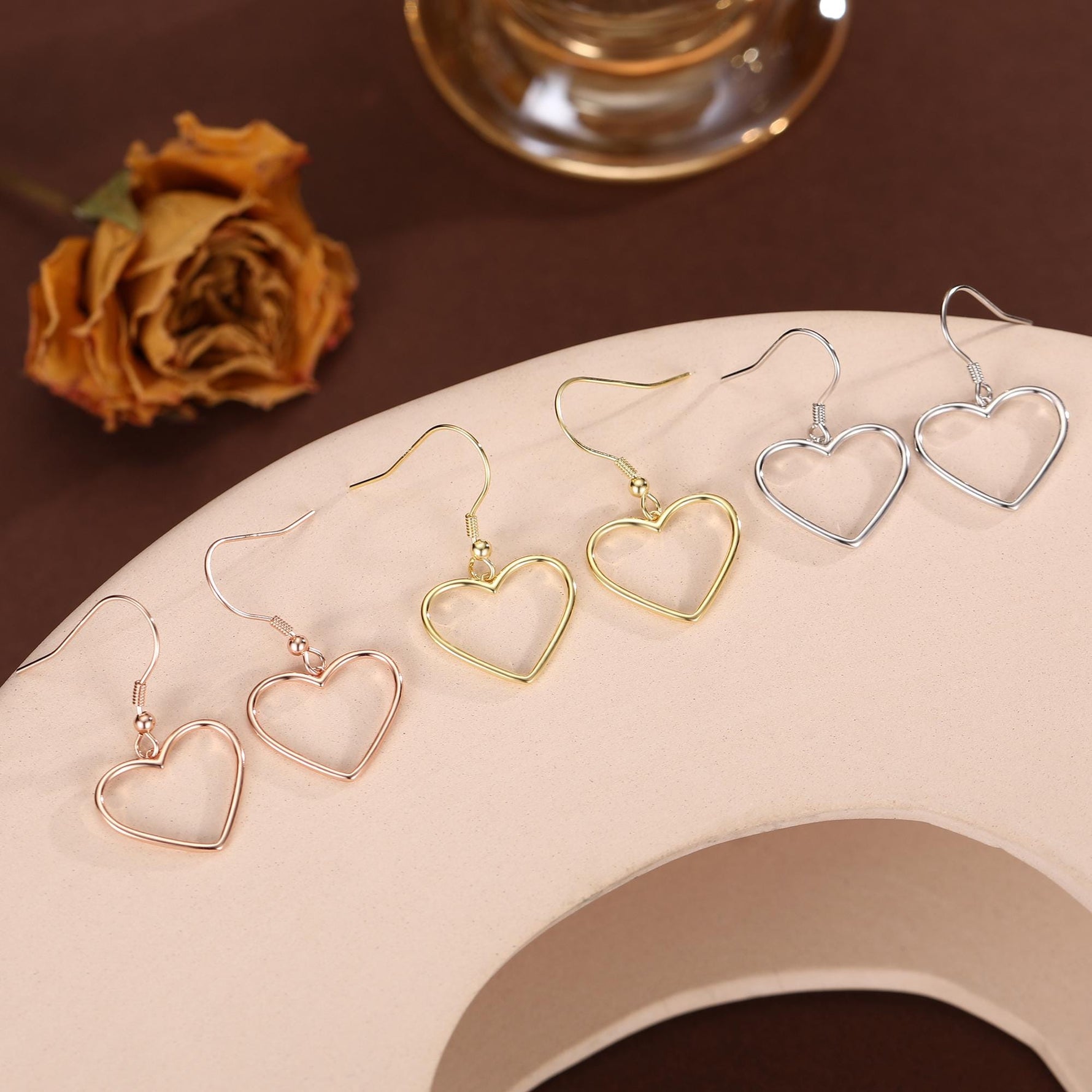 Heart Dangle Drop Hook Earrings in Sterling Silver