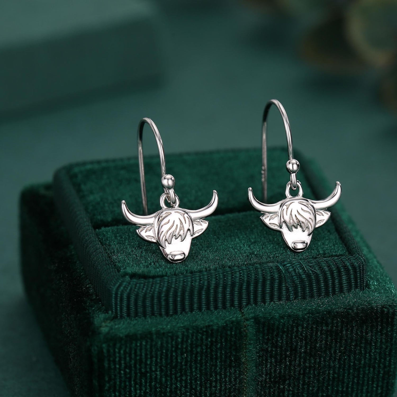Highland Cow Drop Dangling Earrings in Sterling Silver, Silver or Gold or Rose Gold, Highland Cow Earrings, Cow Hook Earrings, Scottish