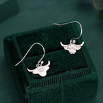 Highland Cow Drop Dangling Earrings in Sterling Silver, Silver or Gold or Rose Gold, Highland Cow Earrings, Cow Hook Earrings, Scottish