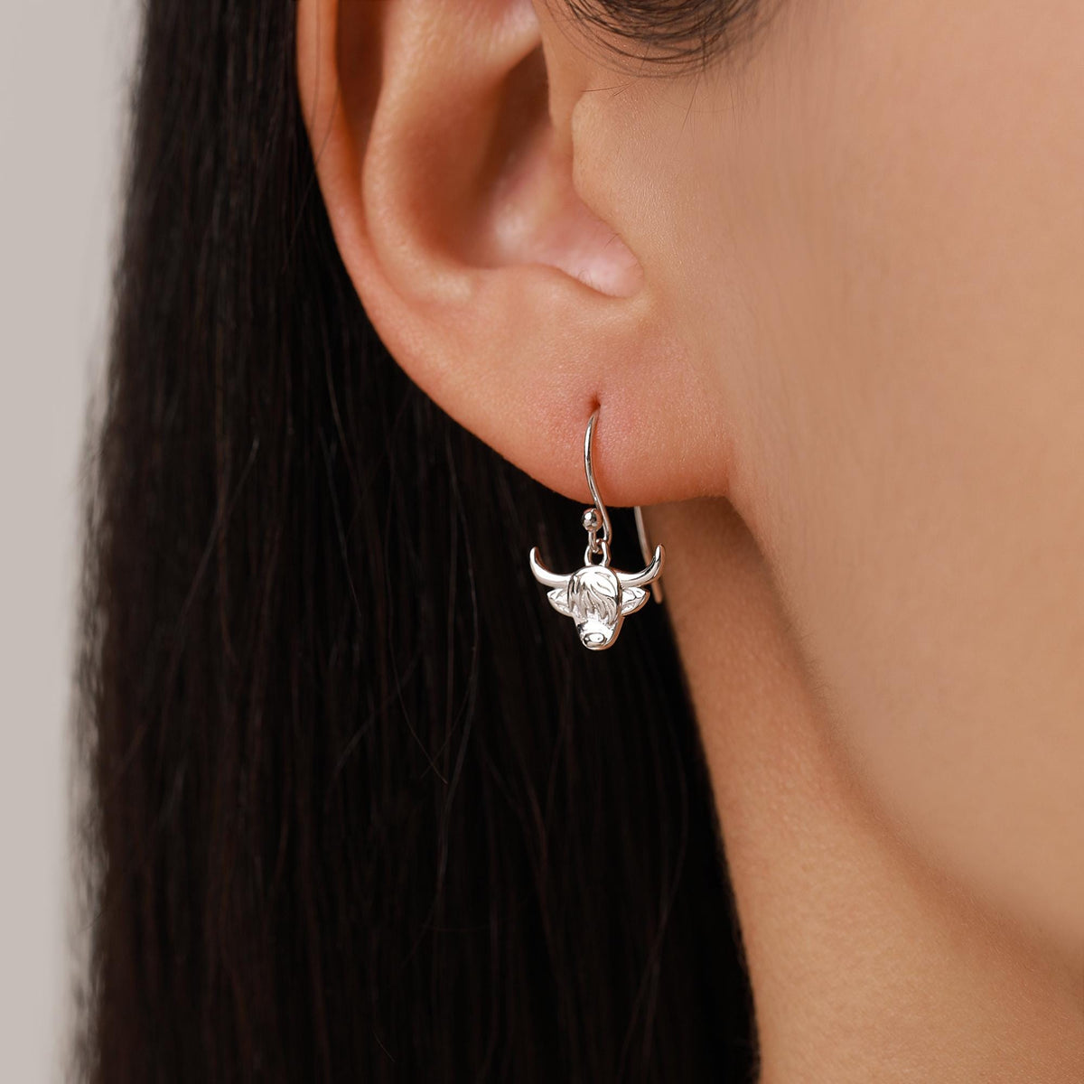 Highland Cow Drop Dangling Earrings in Sterling Silver, Silver or Gold or Rose Gold, Highland Cow Earrings, Cow Hook Earrings, Scottish