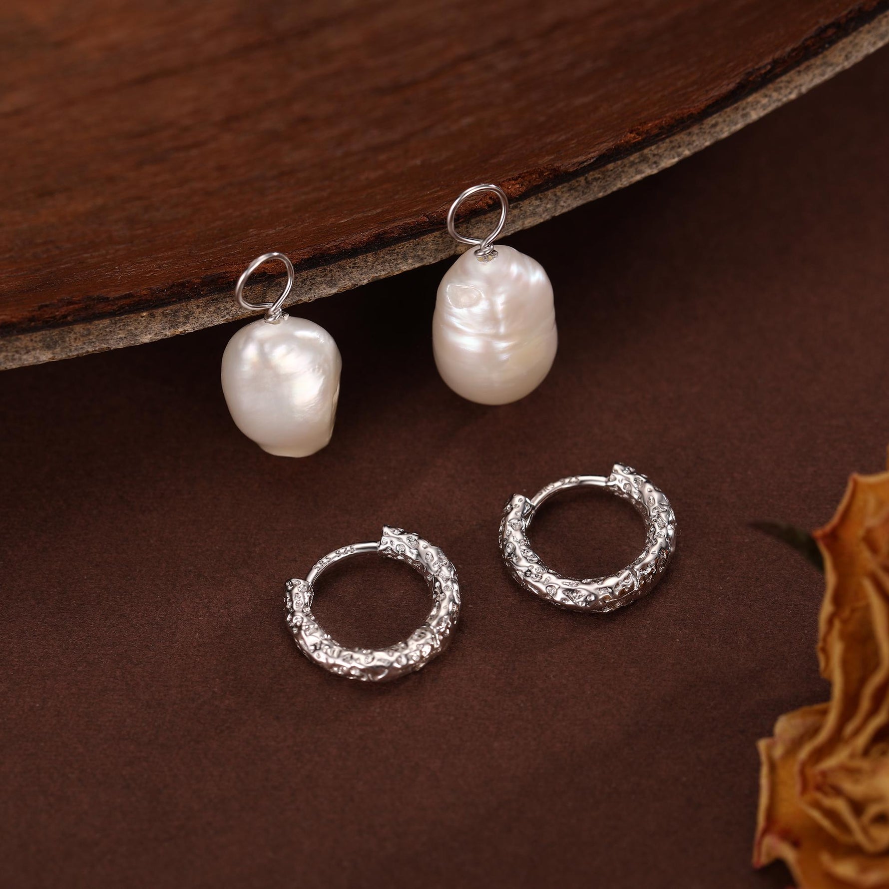 Baroque Pearl Hammered Hoop Earrings in Sterling Silver