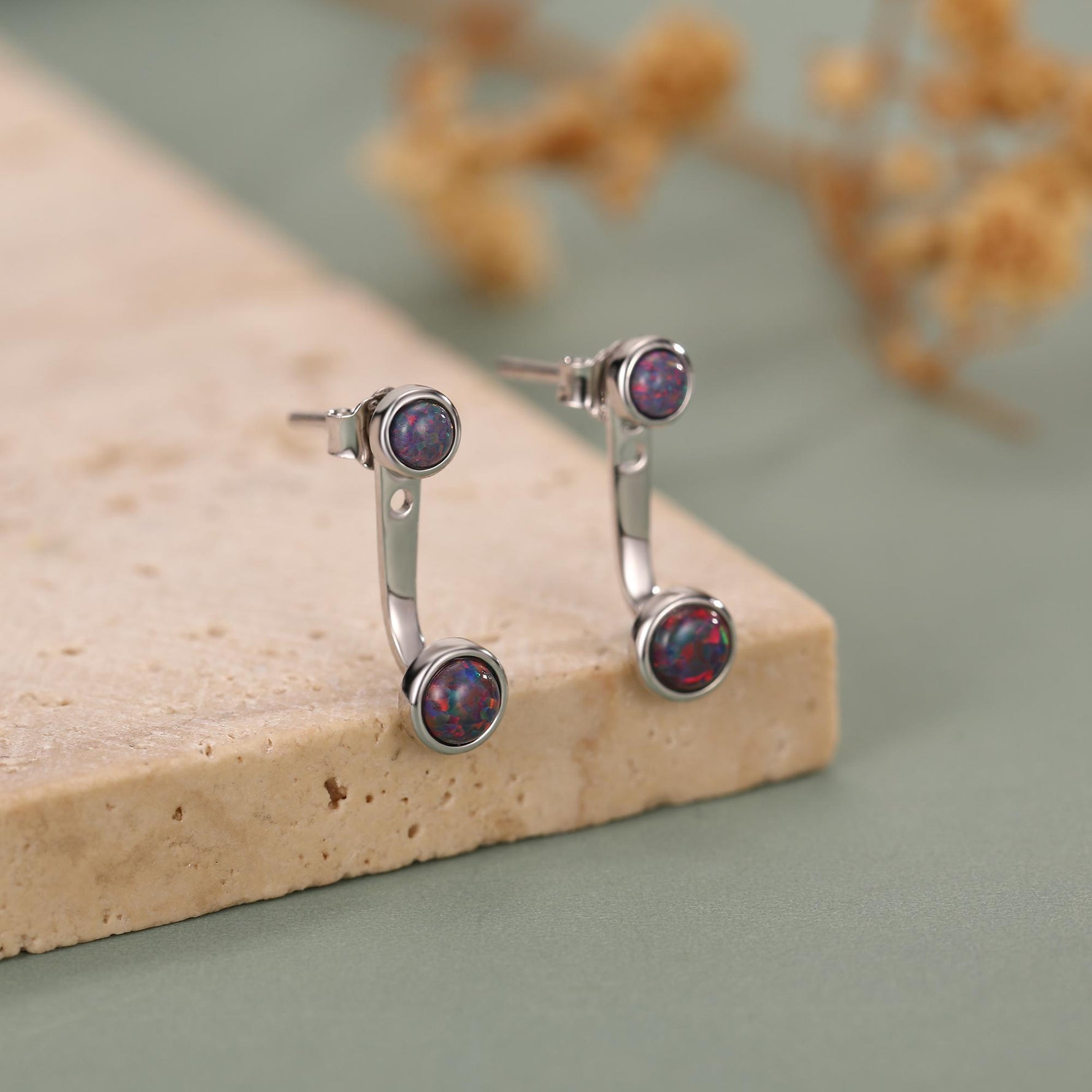 Black Opal Ear Jacket in Sterling Silver, Silver or Gold, Lab Opal Bezel Earrings, Front and Back Black Opal Earrings