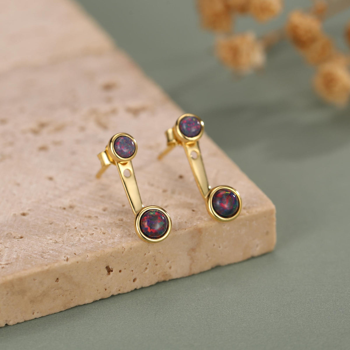 Black Opal Ear Jacket in Sterling Silver, Silver or Gold, Lab Opal Bezel Earrings, Front and Back Black Opal Earrings
