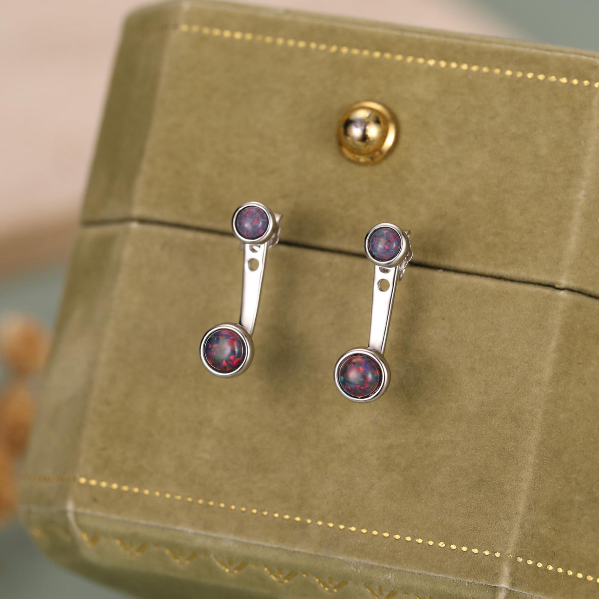 Black Opal Ear Jacket in Sterling Silver, Silver or Gold, Lab Opal Bezel Earrings, Front and Back Black Opal Earrings