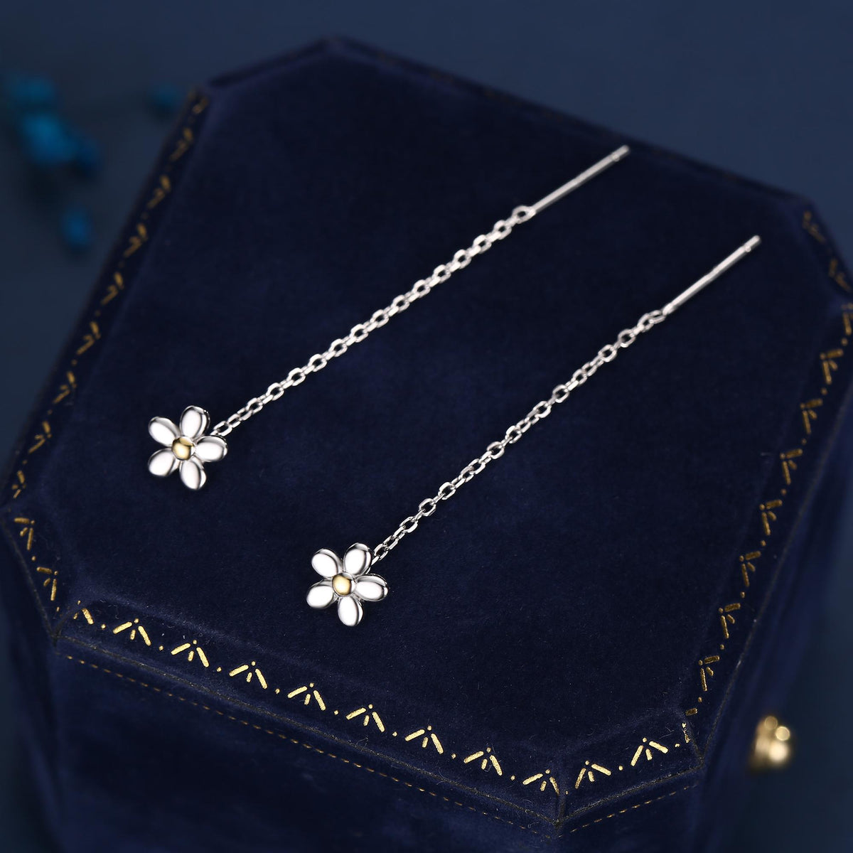 Sterling Silver Tiny Forget Me Not Flower Ear Threaders, Two Tone Flower Threader Earrings, Daily Dangle Earrings, Daisy Earrings