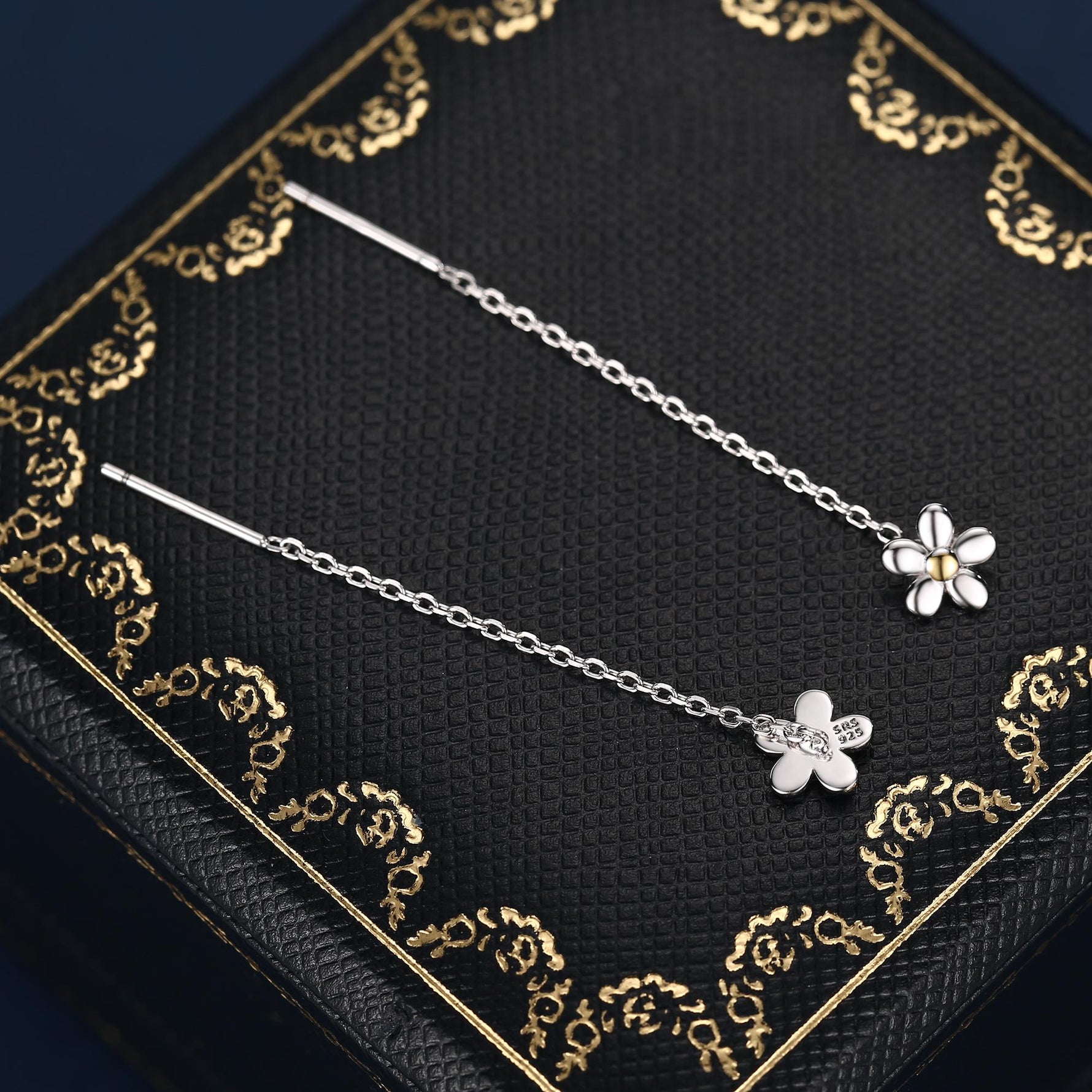 Sterling Silver Tiny Forget Me Not Flower Ear Threaders, Two Tone Flower Threader Earrings, Daily Dangle Earrings, Daisy Earrings