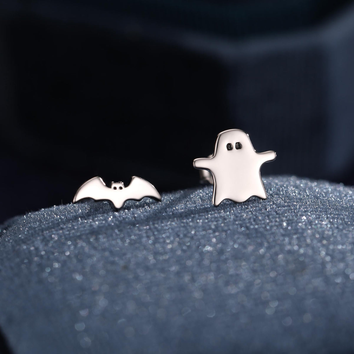 Mismatched Ghost and Bat Stud Earrings in Sterling Silver, Tiny Asymmetric Bat and Ghost Earrings