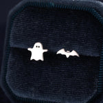 Mismatched Ghost and Bat Stud Earrings in Sterling Silver, Tiny Asymmetric Bat and Ghost Earrings