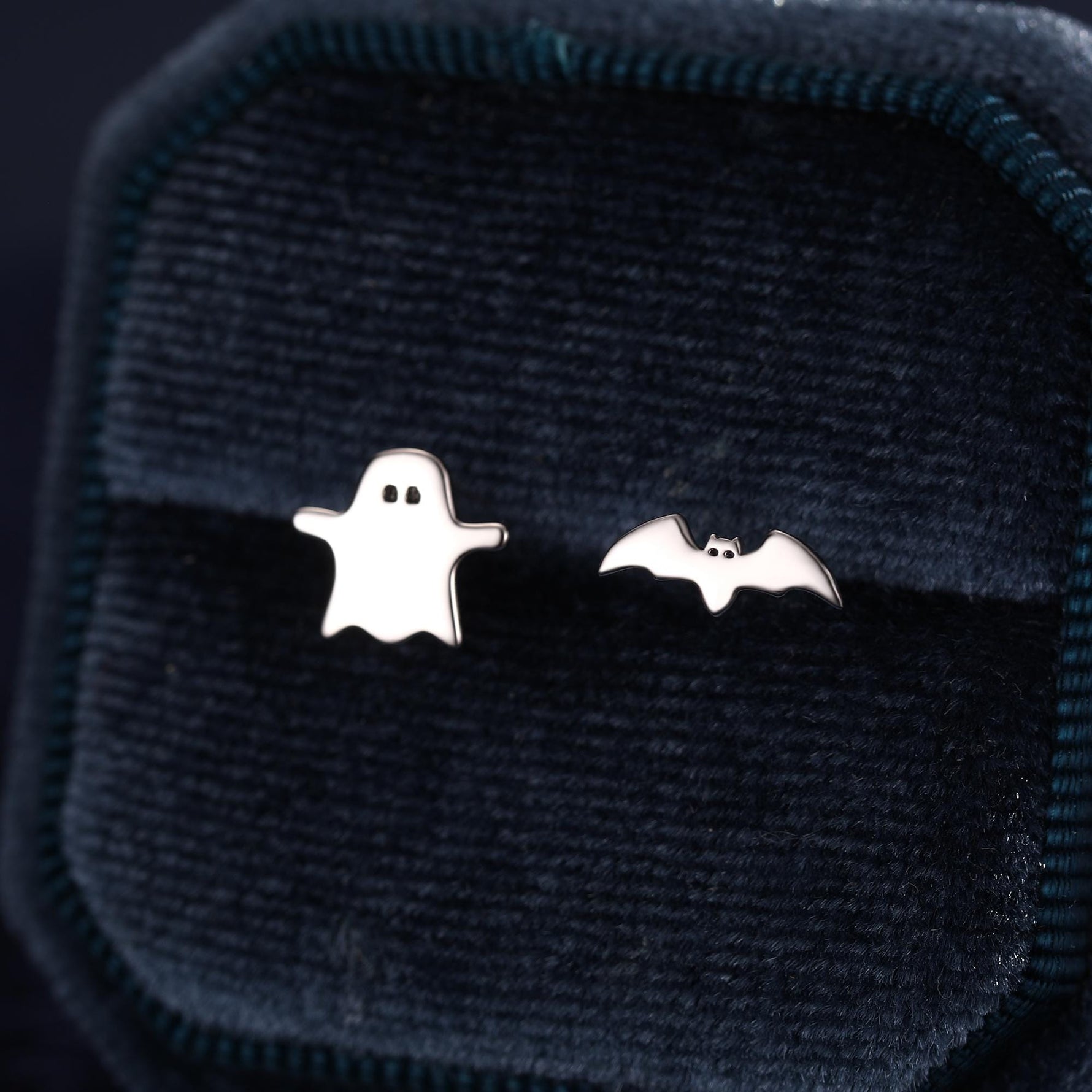 Mismatched Ghost and Bat Stud Earrings in Sterling Silver, Tiny Asymmetric Bat and Ghost Earrings