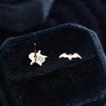 Mismatched Ghost and Bat Stud Earrings in Sterling Silver, Tiny Asymmetric Bat and Ghost Earrings