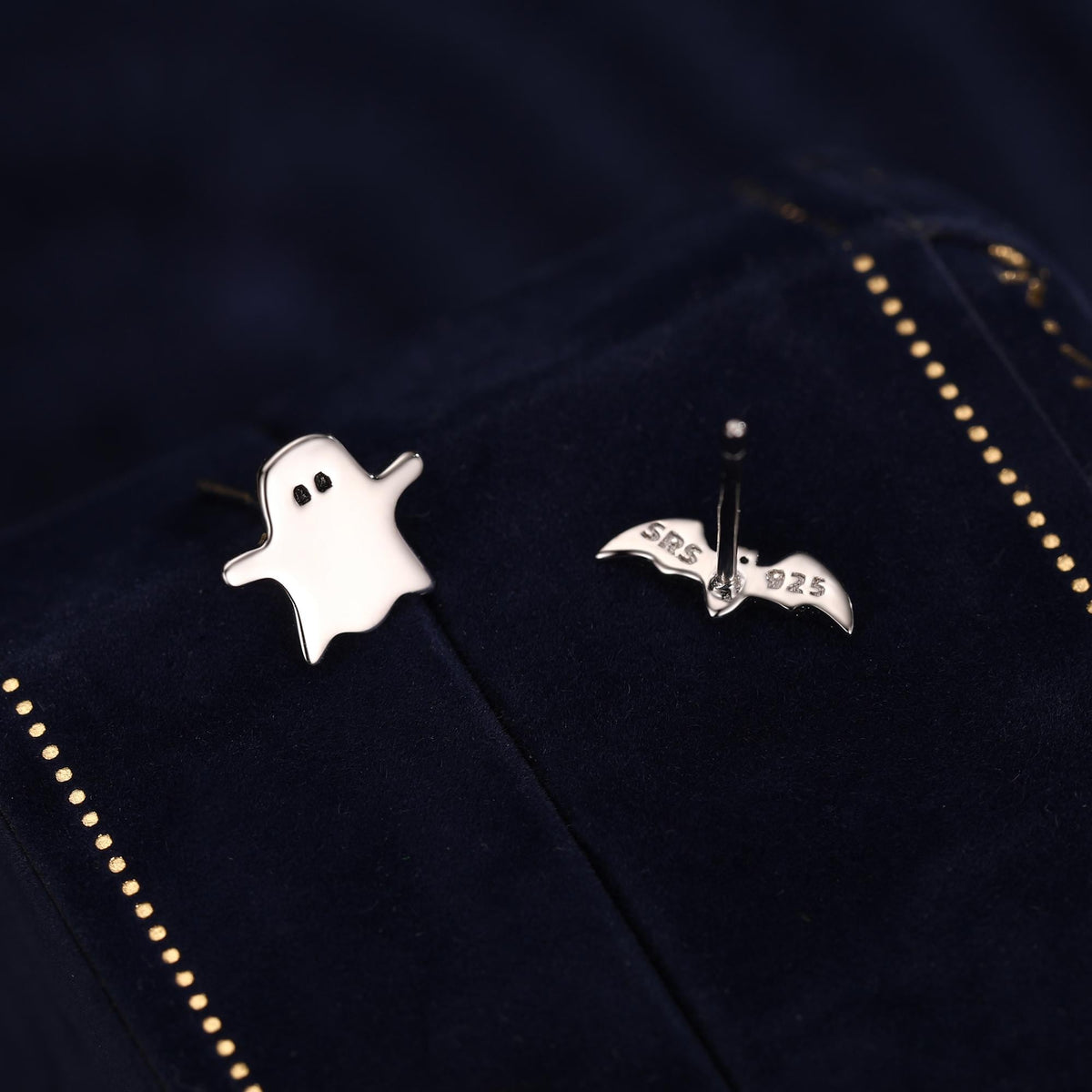 Mismatched Ghost and Bat Stud Earrings in Sterling Silver, Tiny Asymmetric Bat and Ghost Earrings
